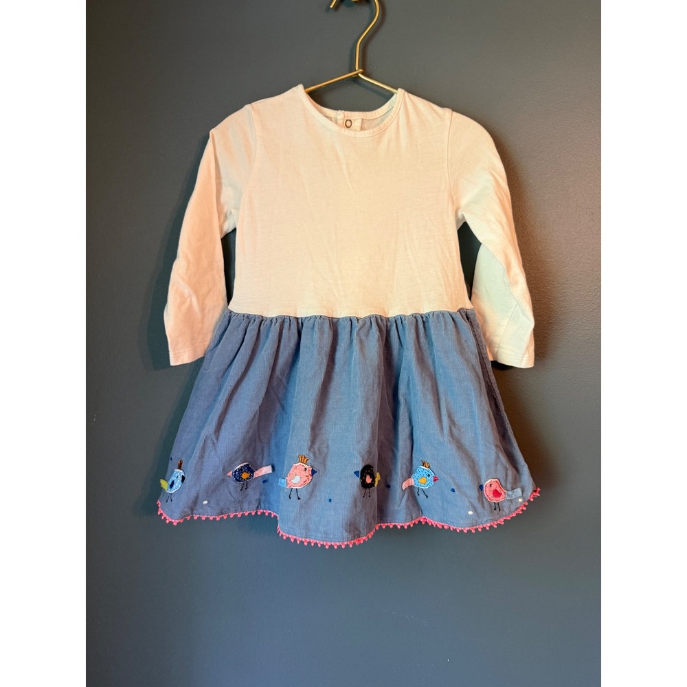 Catimini Girls Blue Corduroy Embroidered Bird Pom Pom Trim Dress Size 3 98